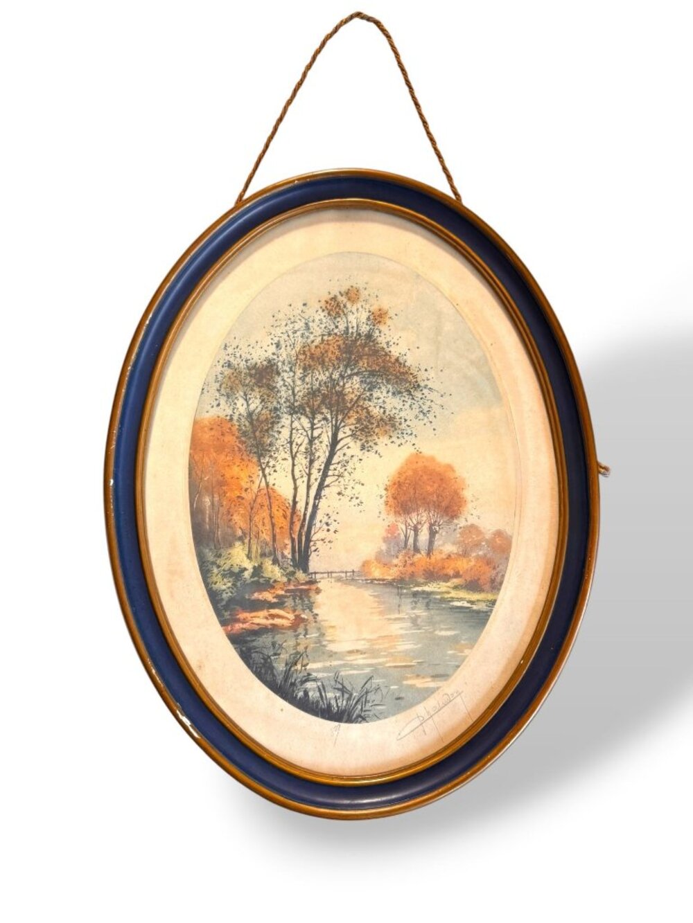 Vintage French 1989 Signed Oval River Landscape Painting Framed 17x13 – Autumn